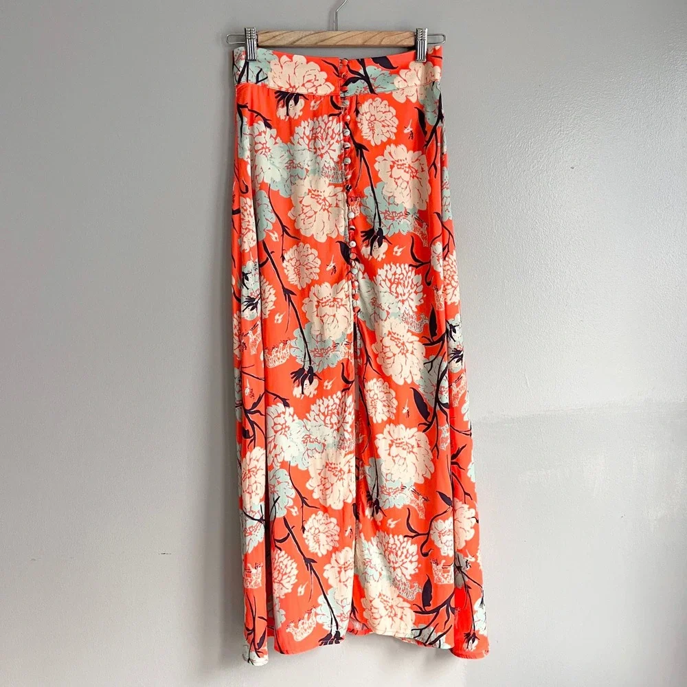 Free People‎ Sammy Button Down Maxi Skirt Orange White Front Slit Size 2